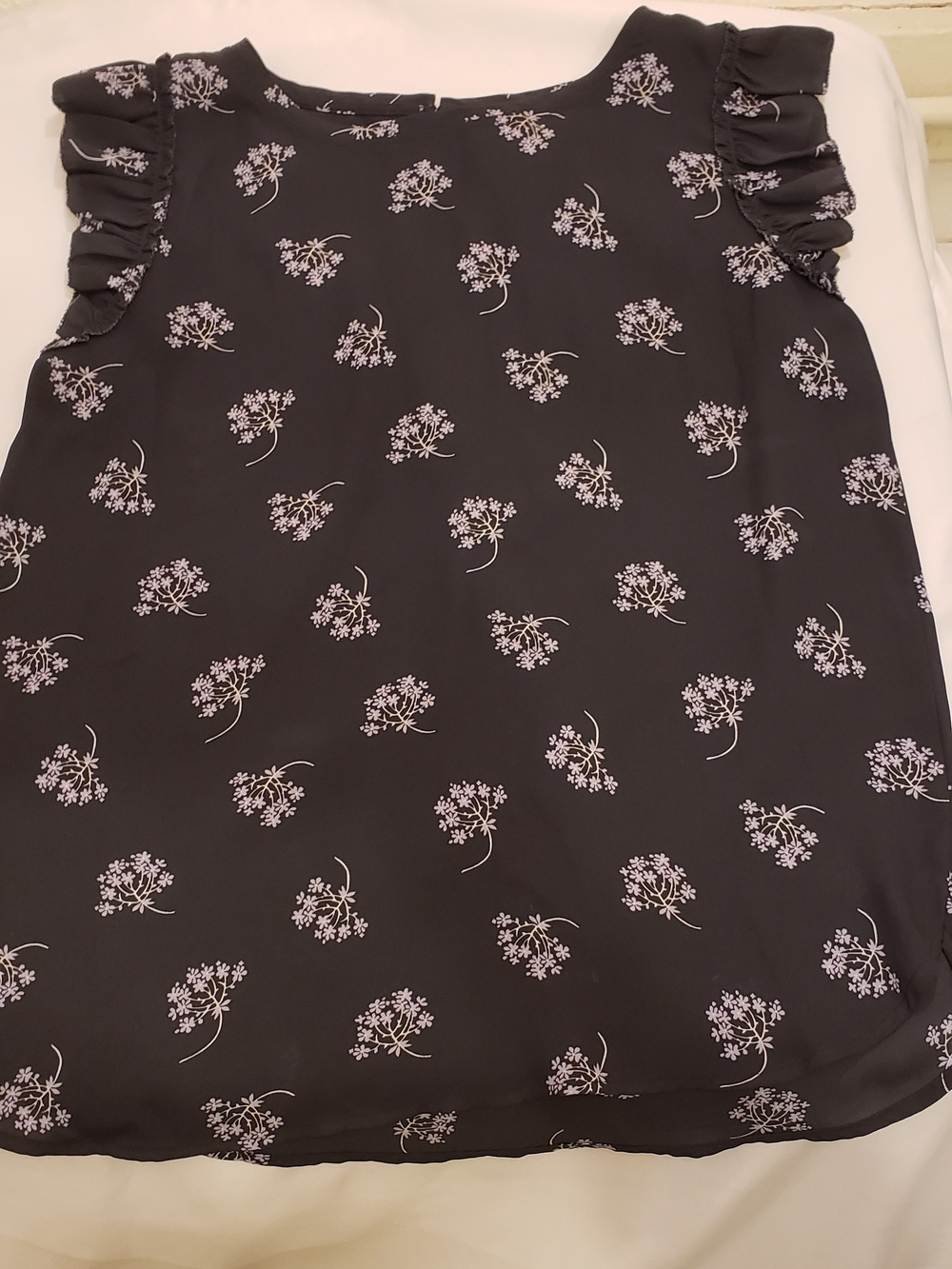 LOFT Black Floral Blouse with Lilac Print
